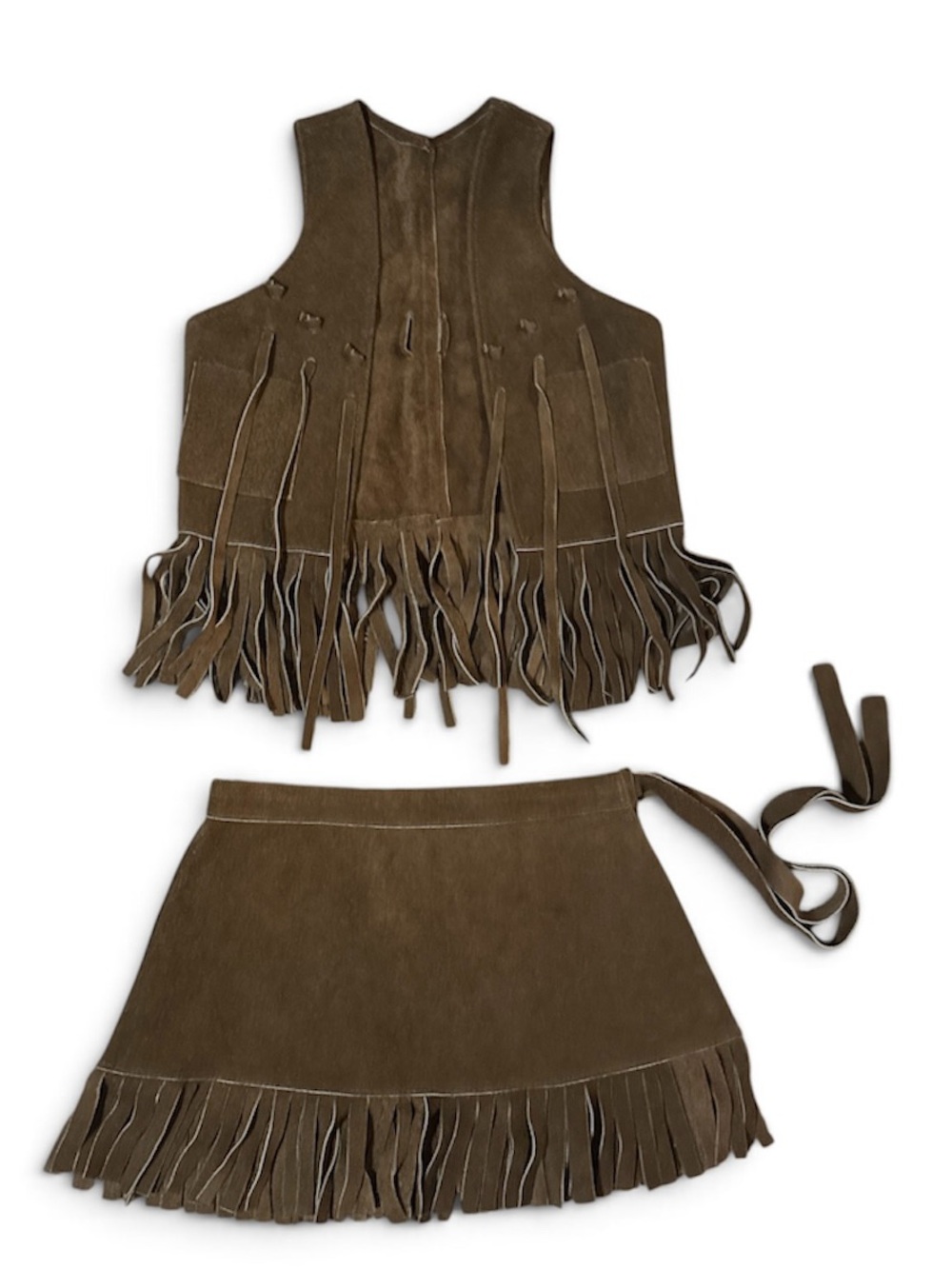 Kids Faux Suede Fringe Vest and Skirt Costume Set - Brown